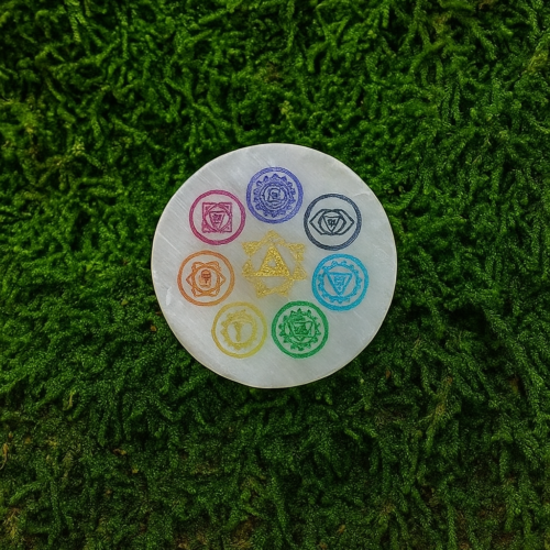 Selenite Plate (3″ Round shaped) - 7 CHAKRA