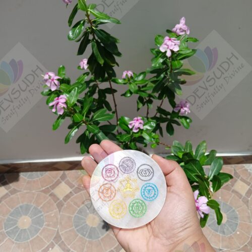 Selenite Plate (3″ Round shaped) - 7 CHAKRA